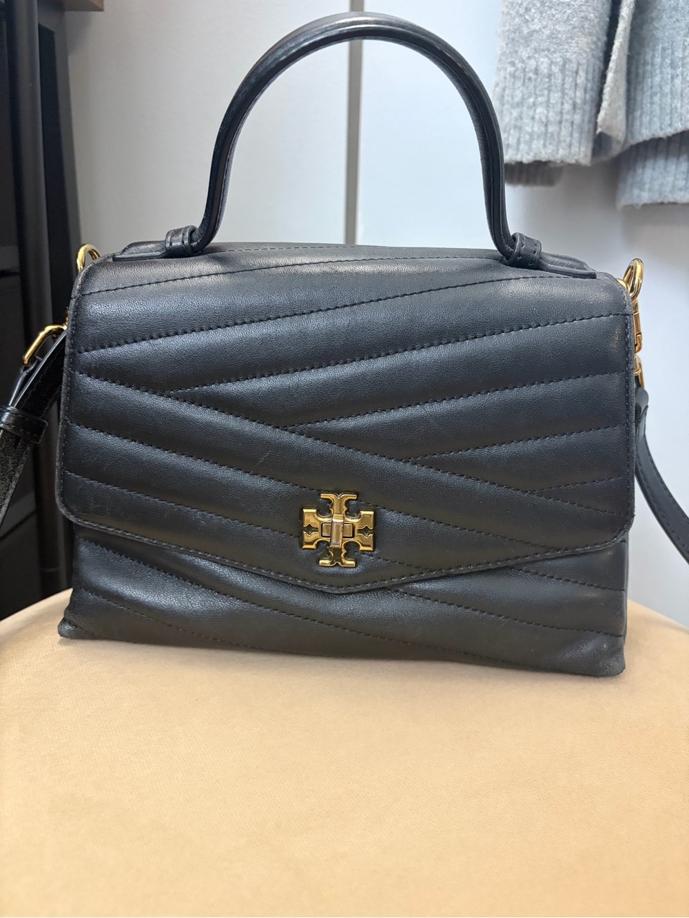 Tory Burch Black Quilted Leather Top-Handle Shoulder Bag with Gold Hardware